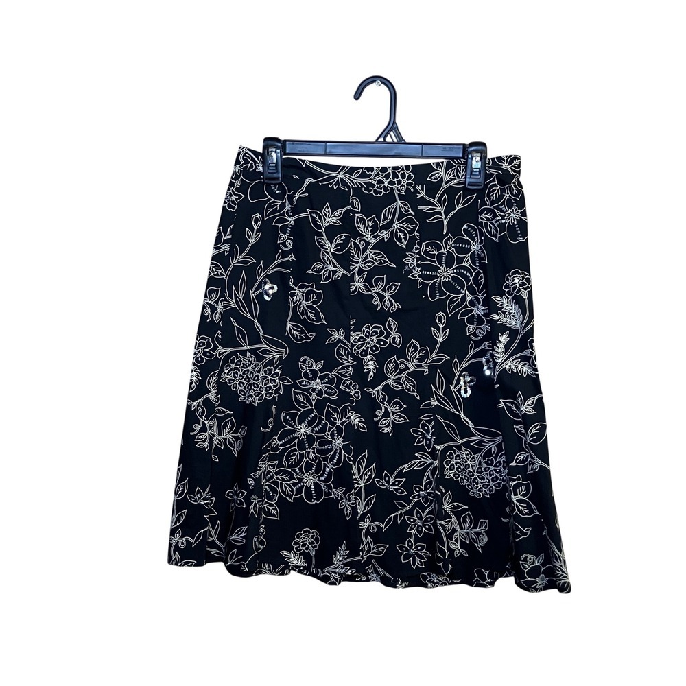 Ann Taylor LOFT Size 6 Black Floral Sequins A-Line Knee Length Skirt Women's